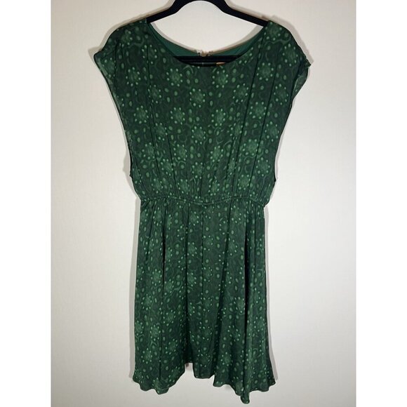 Alice + Olivia green silk geometric blouson mini dress L elastic waist flouncy Alice + Olivia green silk geometric blouson mini dress L elastic waist flouncy